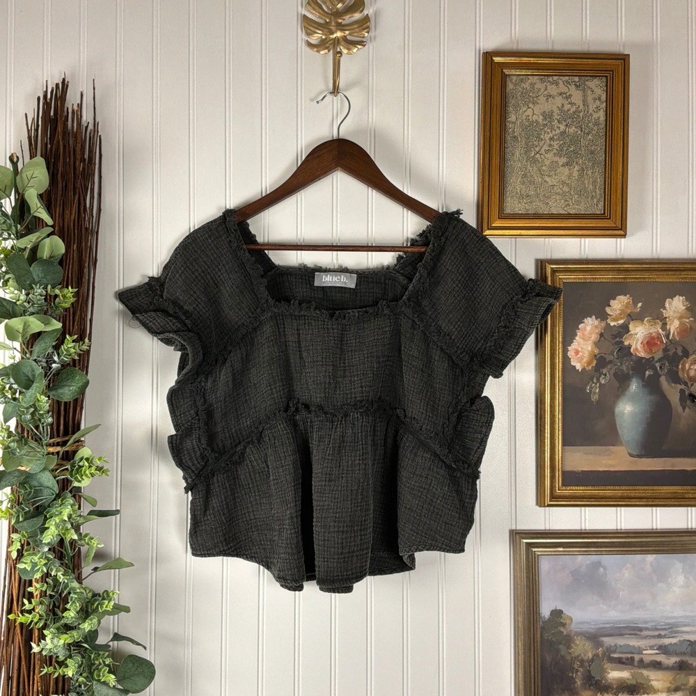 Blue B. Collection Blouse Women Large Black Excellent Gauze Ruffle Frayed Hem